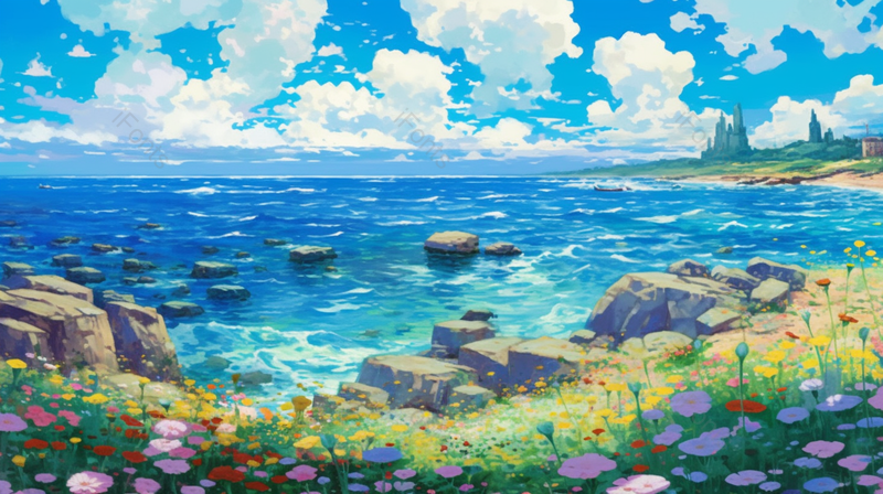 夏日蓝天白云大海彩色油画,插画/手绘图,插画/手绘图库,插画/手绘图下载,插画/手绘
